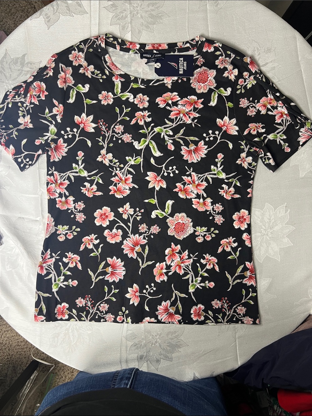 Nautica Large NWT  Black Tee with Pink Floral Print